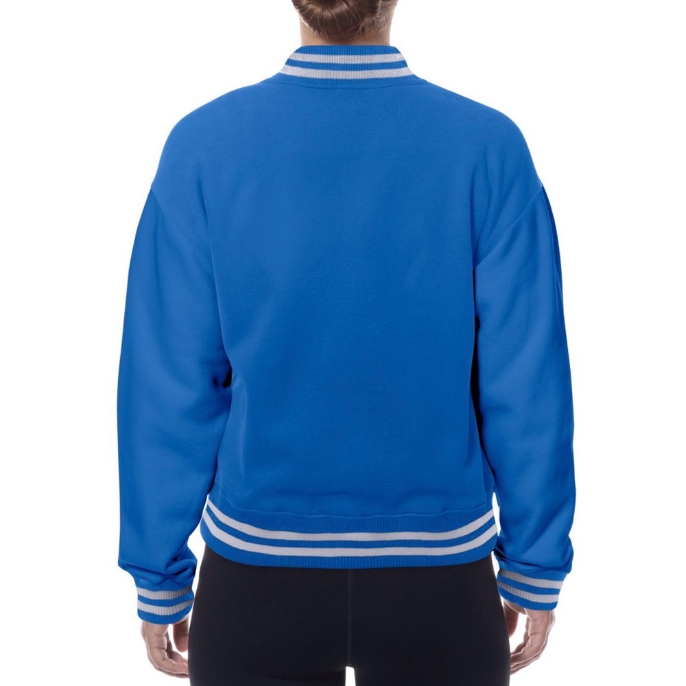 NFL Throwback Women’s Snap Front NY Giants Blue and White Varsity Jacket - Picture 3 of 11